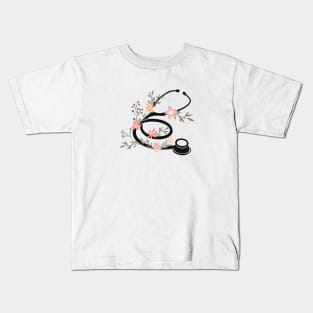 Black stethoscope with flowers Kids T-Shirt